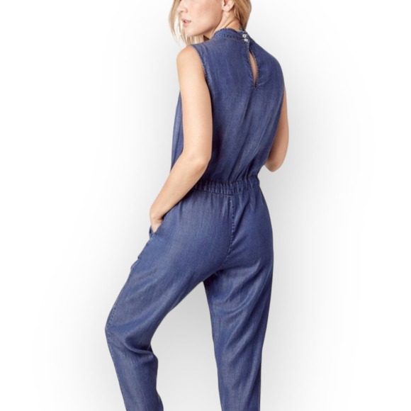Love Stitch Tencel Chambray Jumpsuit Drawstring Waist Sleeveless Blue Size M - Picture 4 of 11